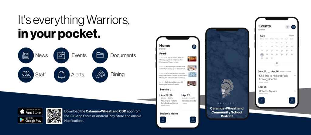 its everything Warriors, in your pocket news events documents staff alerts dining app store playstore download the calamus wheatland csd app from the ios app store or android play store and enable notifications