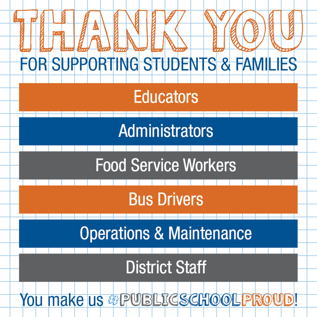 Thank you for supporting students & families Educators Administrators Food Service Workers, Bus Drivers Operations & Maintencance District Staff You make us #PublicSchoolPrioud